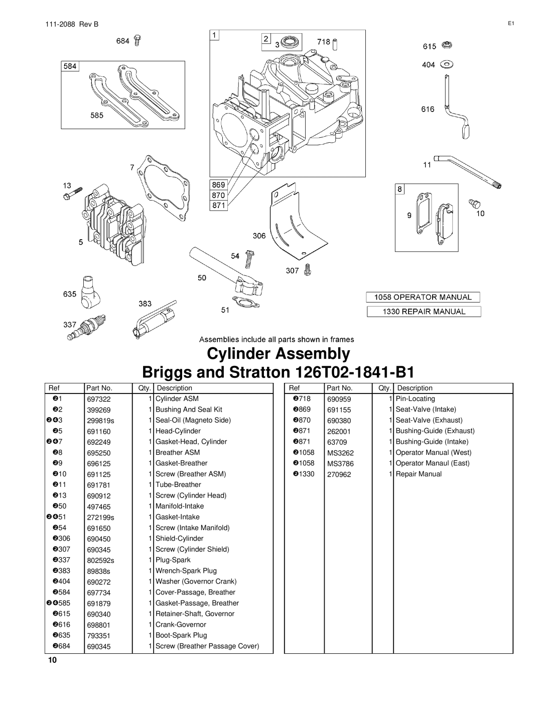 Hayter Mowers R48 manual Cylinder Assembly Briggs and Stratton 126T02-1841-B1, Oq7 