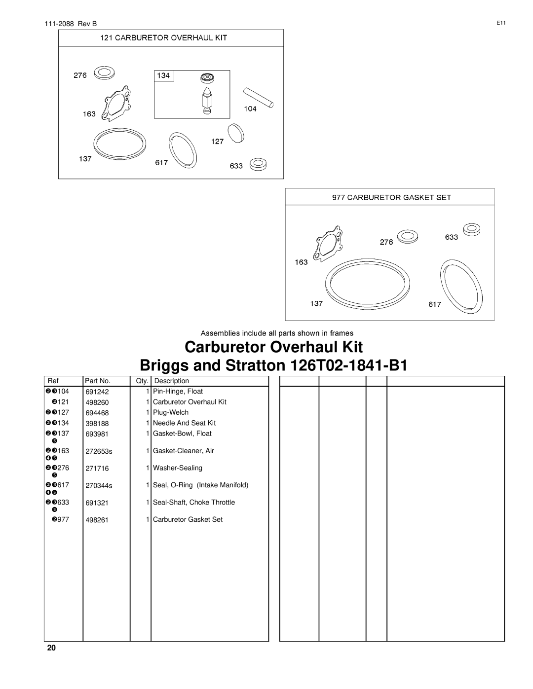 Hayter Mowers R48 manual Carburetor Overhaul Kit Briggs and Stratton 126T02-1841-B1 