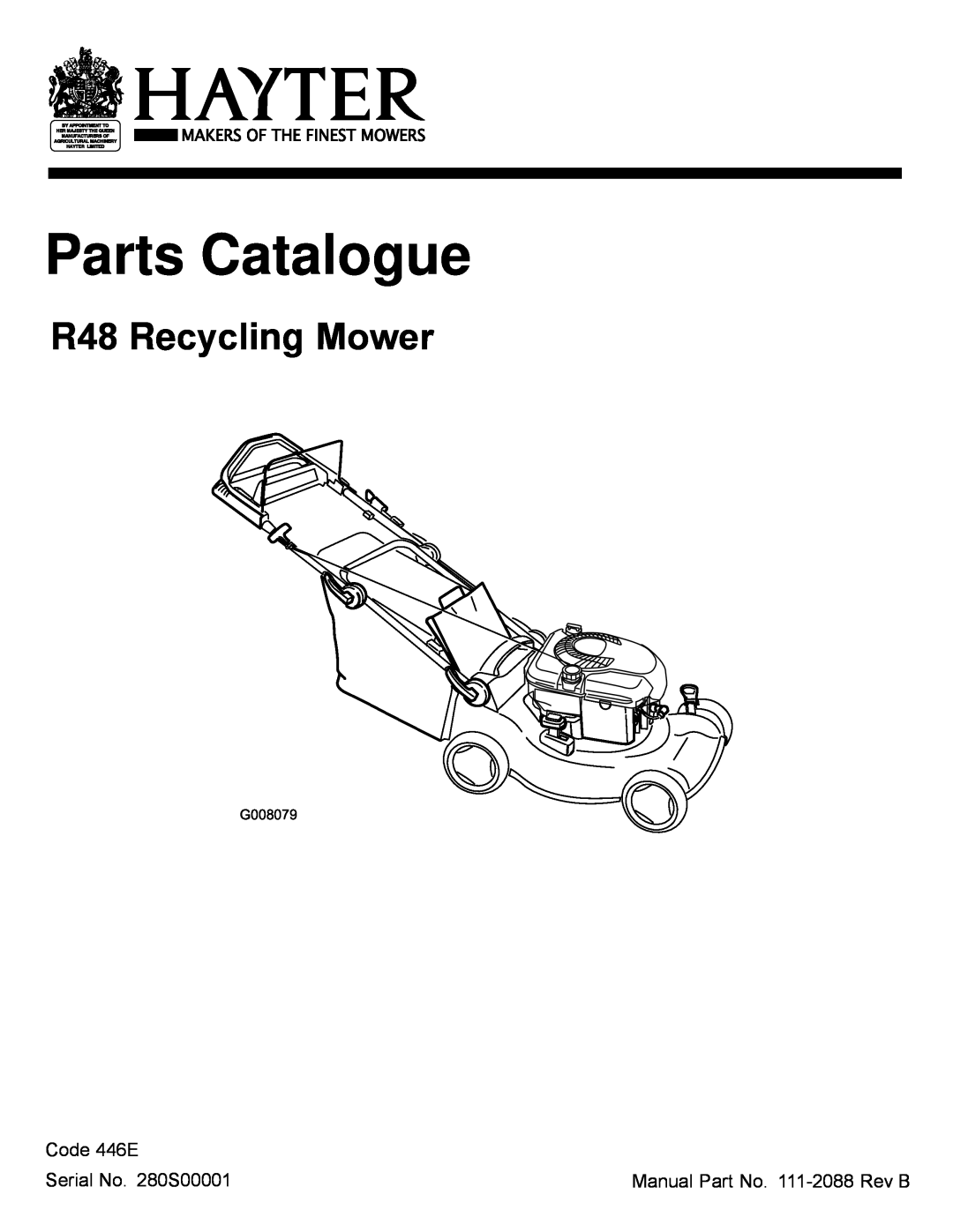 Hayter Mowers manual Parts Catalogue, R48 Recycling Mower, Code 446E, Serial No. 280S00001 