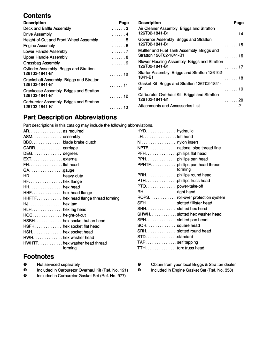 Hayter Mowers R48 manual Contents, Part Description Abbreviations, Footnotes, Page 