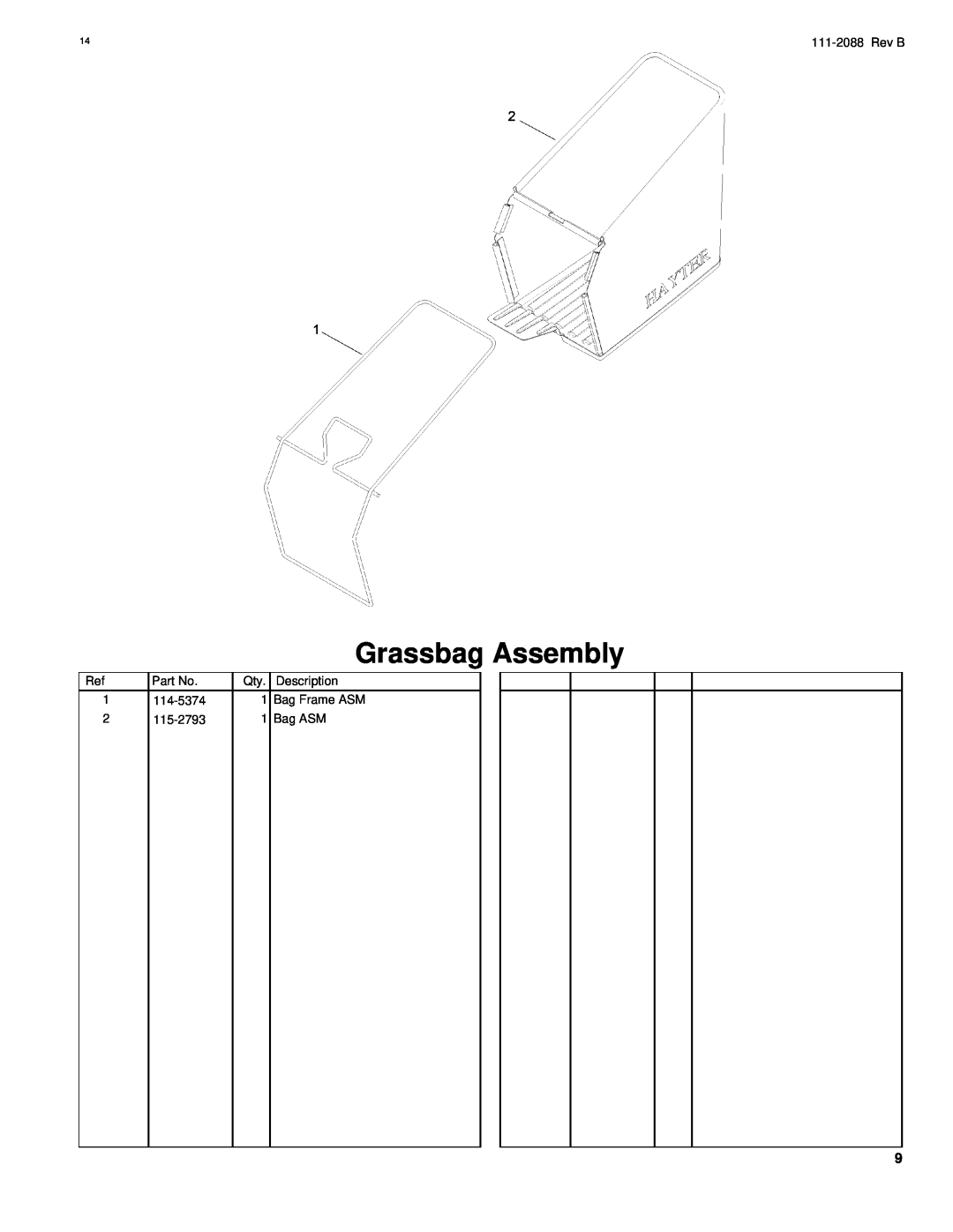 Hayter Mowers R48 manual Grassbag Assembly, 111-2088Rev B, Part No, Description, 114-5374, Bag Frame ASM, 115-2793, Bag ASM 