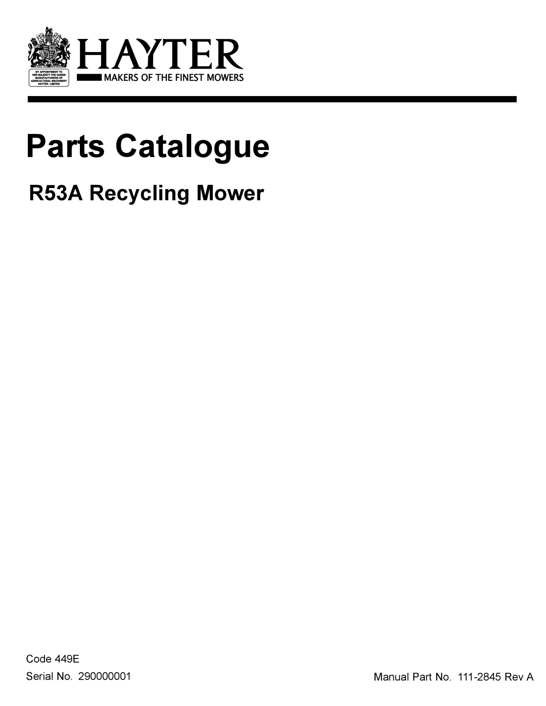 Hayter Mowers R53A manual Parts Catalogue 