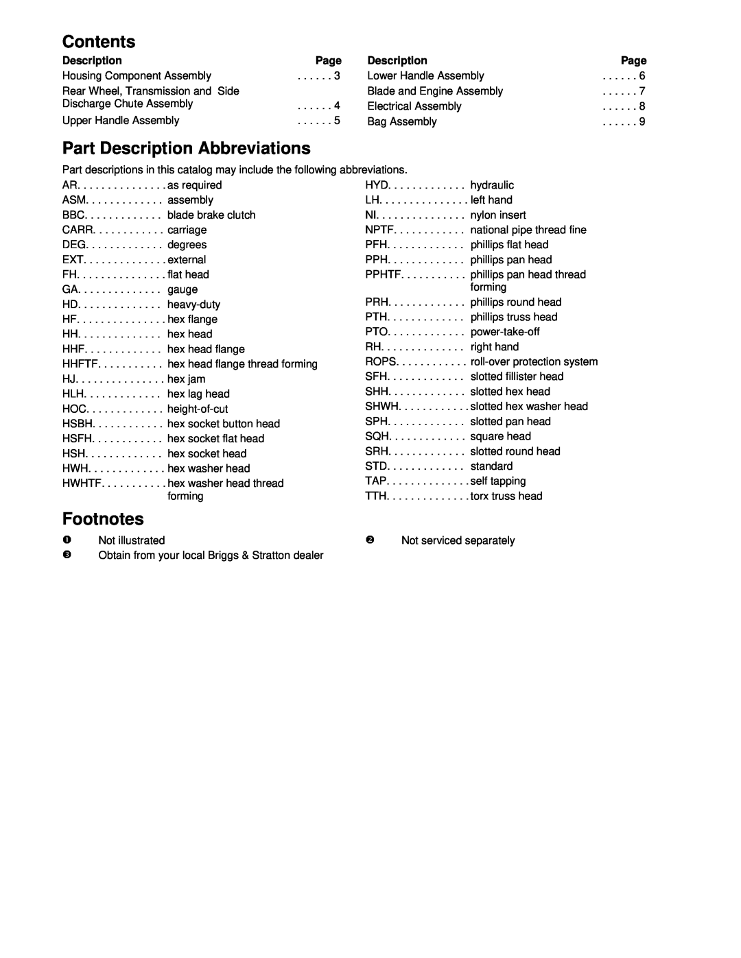 Hayter Mowers R53A manual Page, Contents, Part Description Abbreviations, Footnotes 