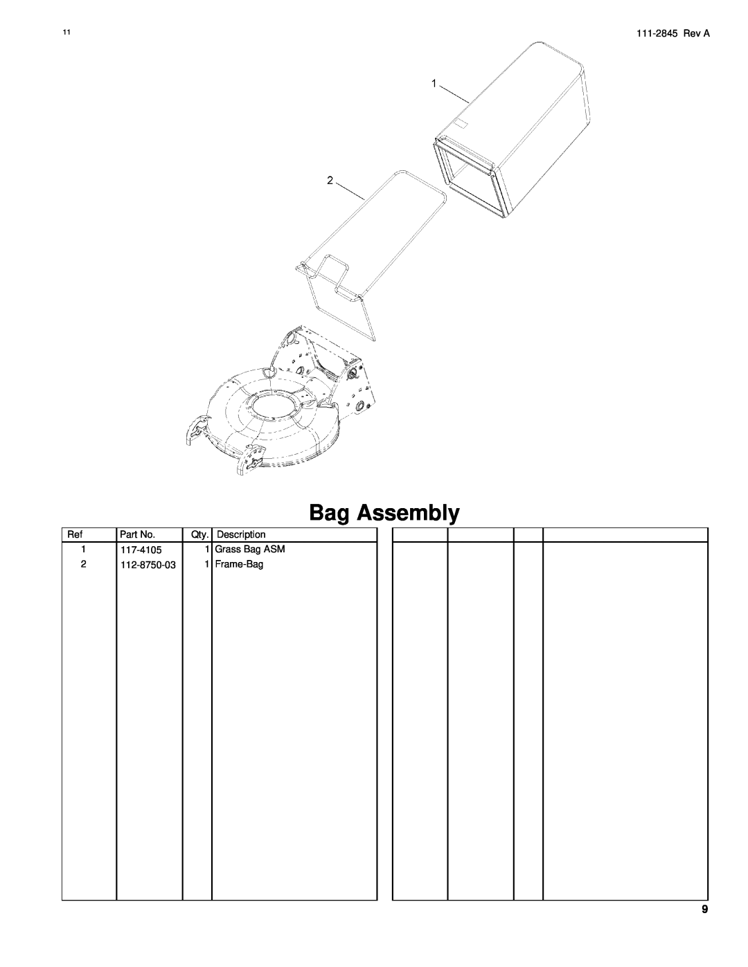 Hayter Mowers R53A Bag Assembly, 111-2845Rev A, Part No, Description, 117-4105, Grass Bag ASM, 112-8750-03, Frame-Bag 