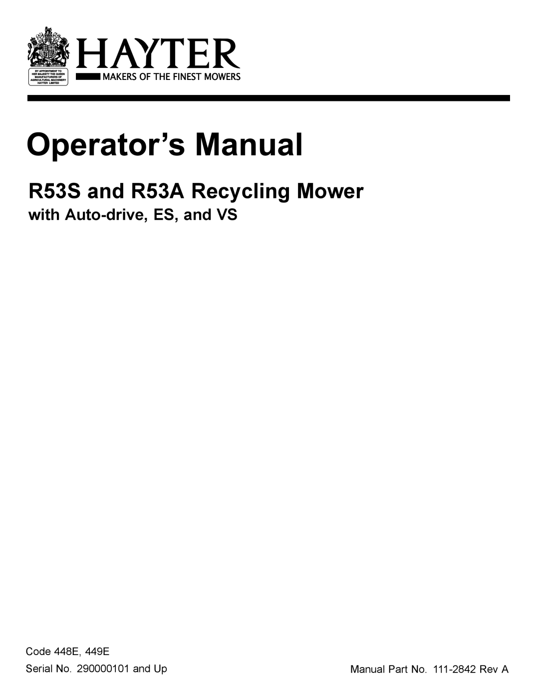 Hayter Mowers manual R53S and R53A Recycling Mower, With Auto-drive, ES, and VS 