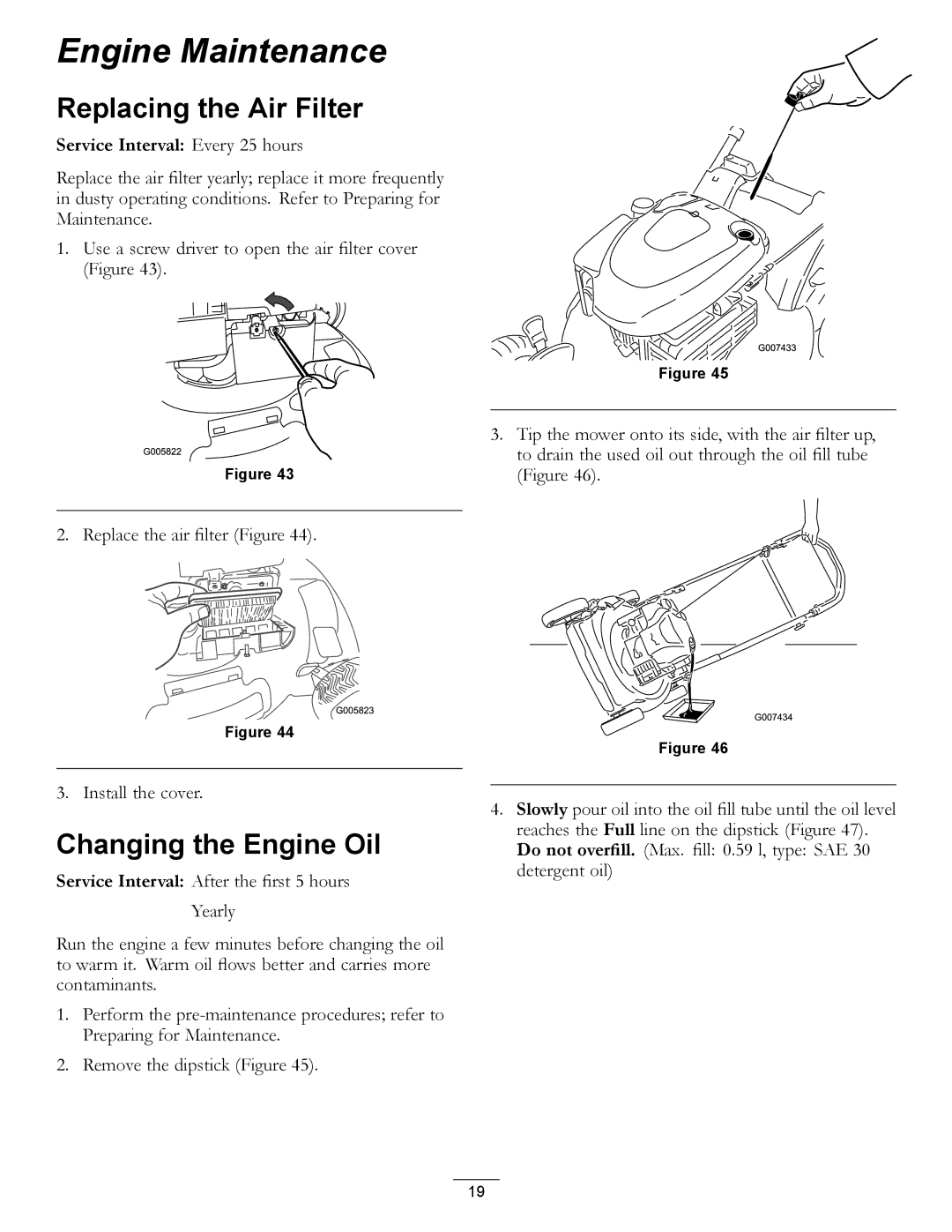 Hayter Mowers R53S manual Engine Maintenance, Replacing the Air Filter, Changing the Engine Oil 