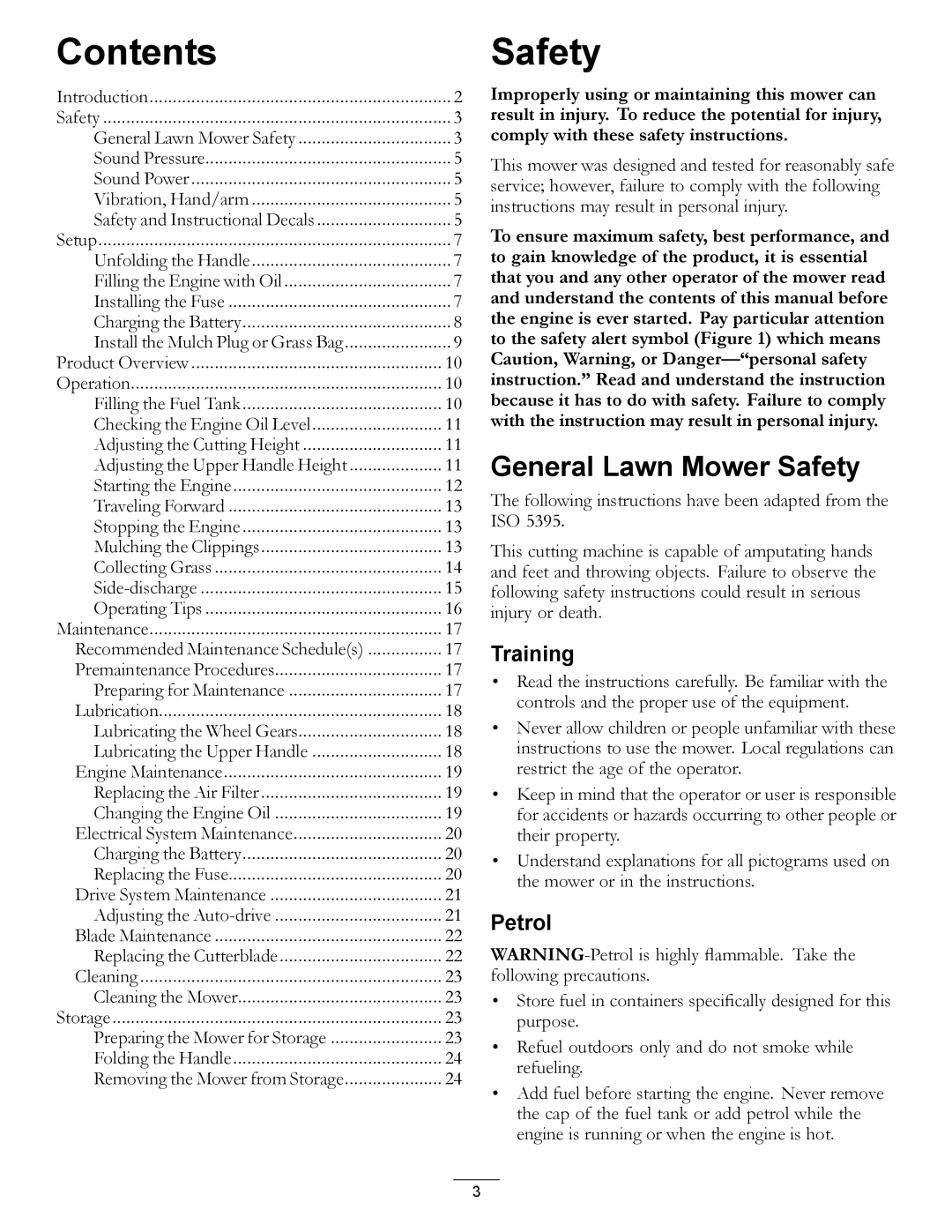 Hayter Mowers R53S manual Contents, Safety 