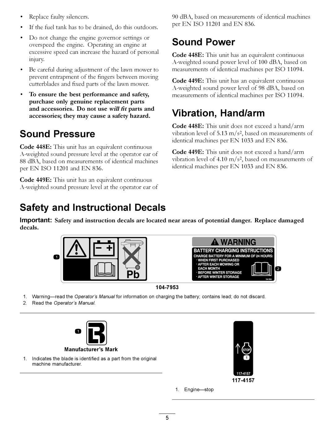 Hayter Mowers R53S manual Sound Pressure, Sound Power, Vibration, Hand/arm, Safety and Instructional Decals 