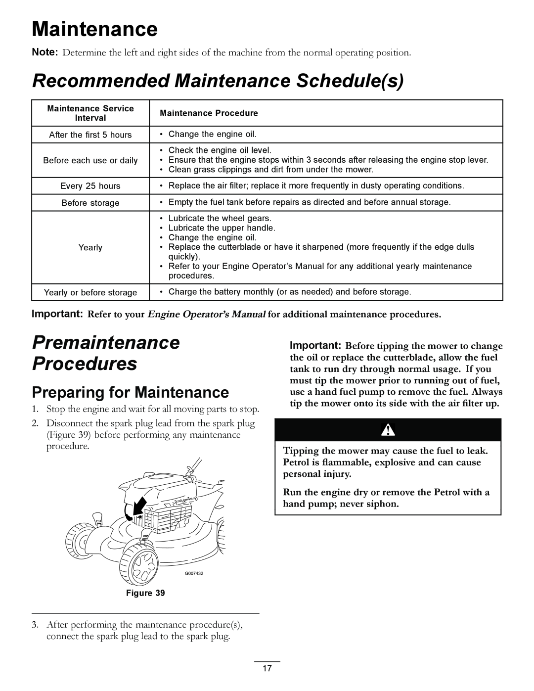 Hayter Mowers R53S manual Recommended Maintenance Schedules, Premaintenance Procedures, Preparing for Maintenance 