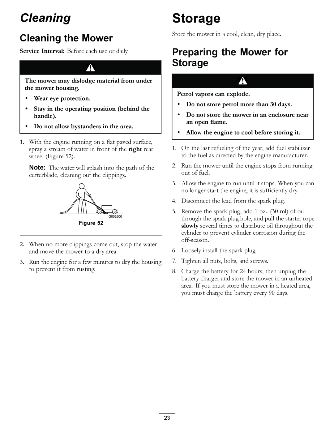 Hayter Mowers R53S manual Cleaning the Mower, Preparing the Mower for Storage 