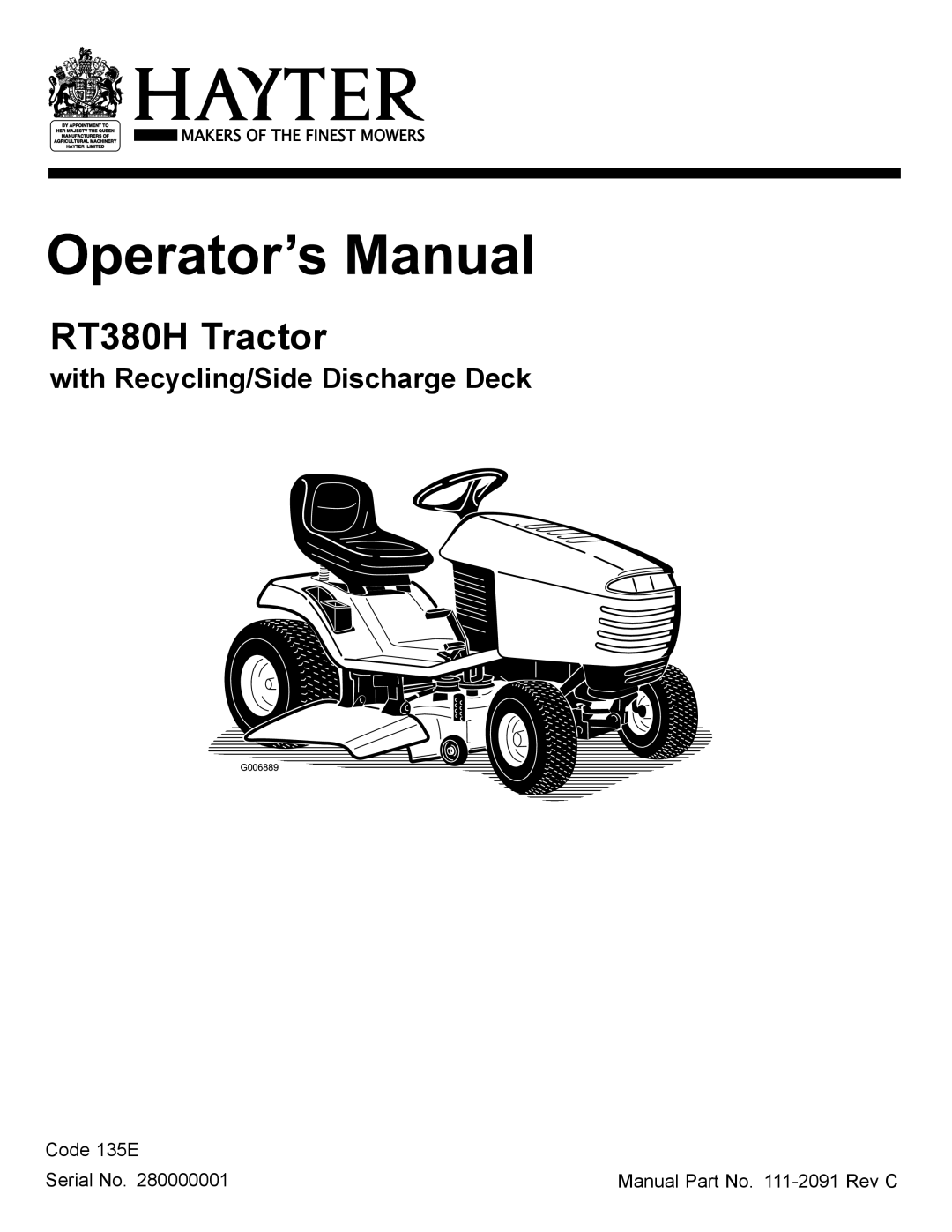 Hayter Mowers manual RT380H Tractor, With Recycling/Side Discharge Deck 