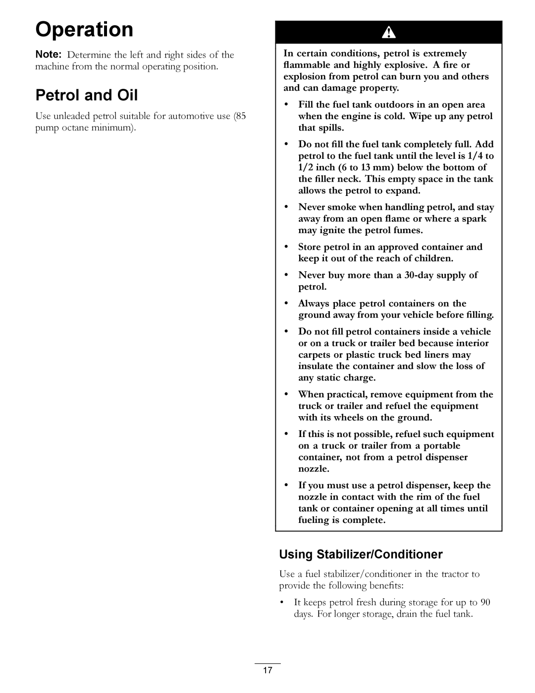 Hayter Mowers RT380H manual Operation, Petrol and Oil, Using Stabilizer/Conditioner 