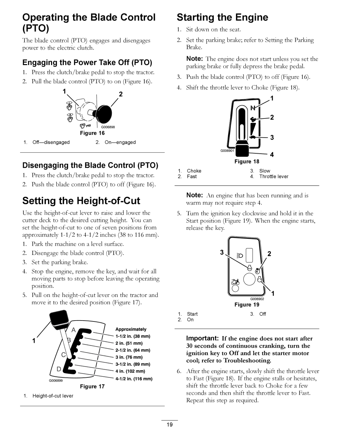 Hayter Mowers RT380H manual Operating the Blade Control PTO, Setting the Height-of-Cut, Starting the Engine 