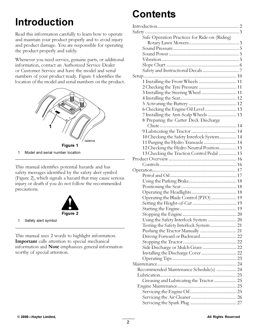 Hayter Mowers RT380H manual Introduction, Contents 