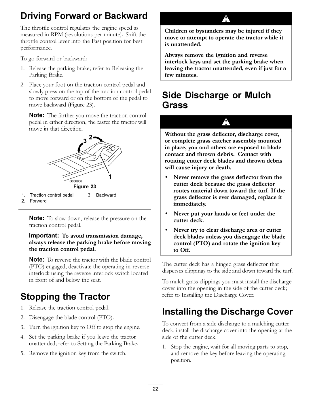 Hayter Mowers RT380H manual Driving Forward or Backward, Stopping the Tractor, Side Discharge or Mulch Grass 