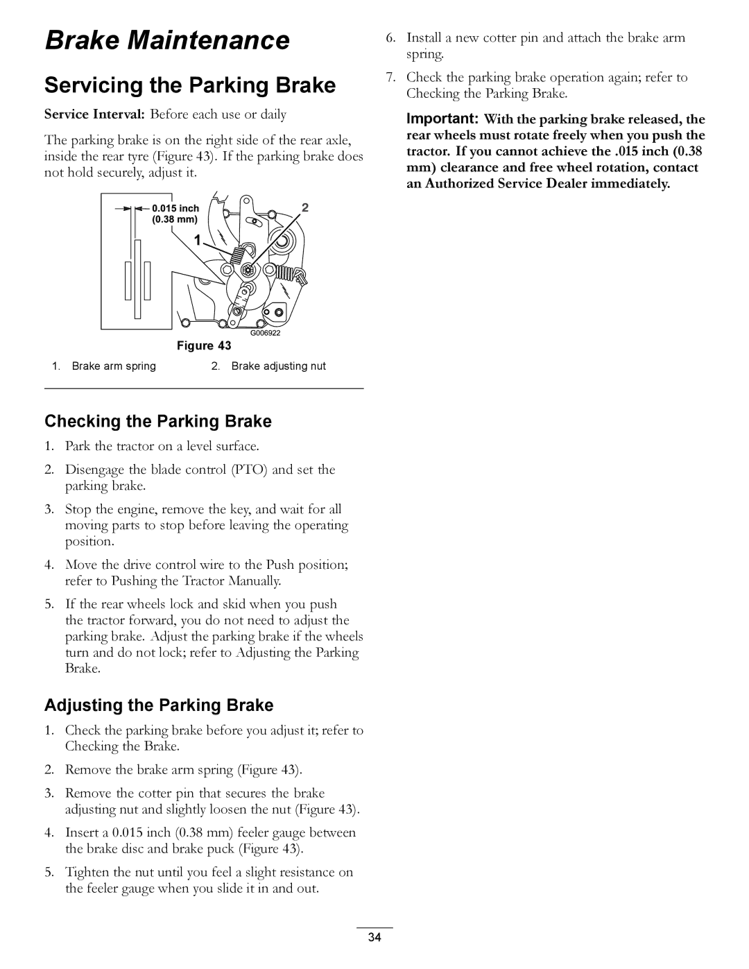 Hayter Mowers RT380H manual Brake Maintenance, Servicing the Parking Brake, Checking the Parking Brake 