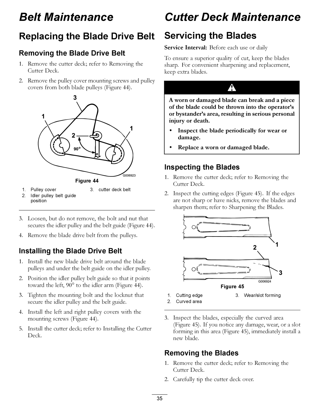 Hayter Mowers RT380H manual Belt Maintenance Cutter Deck Maintenance, Replacing the Blade Drive Belt, Servicing the Blades 