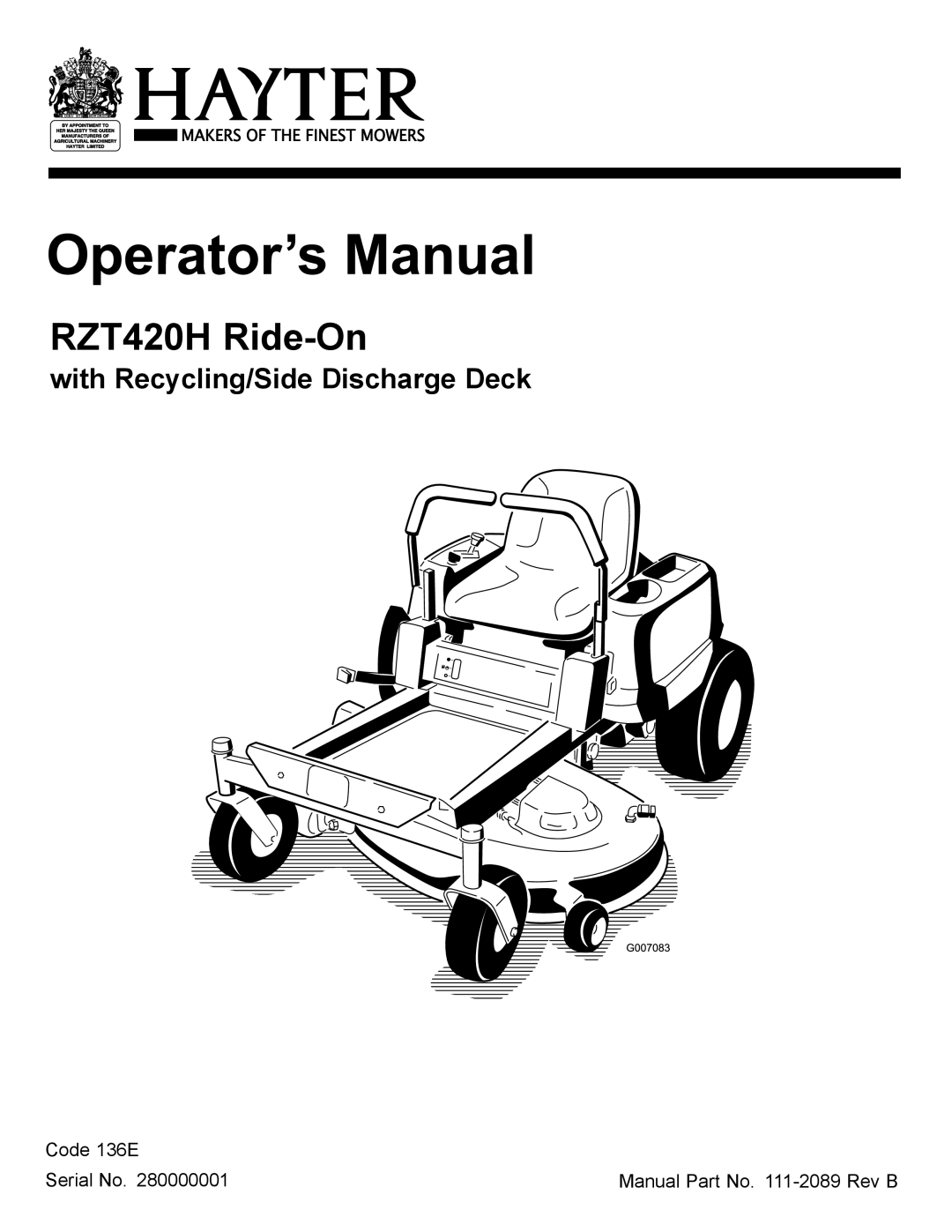 Hayter Mowers manual RZT420H Ride-On, With Recycling/Side Discharge Deck 