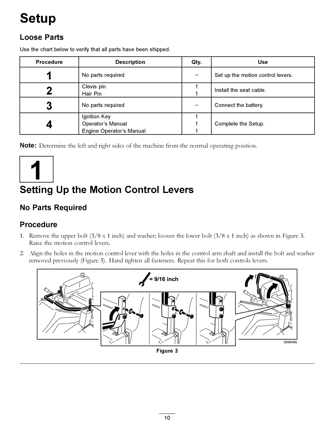 Hayter Mowers RZT420H manual Setup, Setting Up the Motion Control Levers, Loose Parts, No Parts Required Procedure 