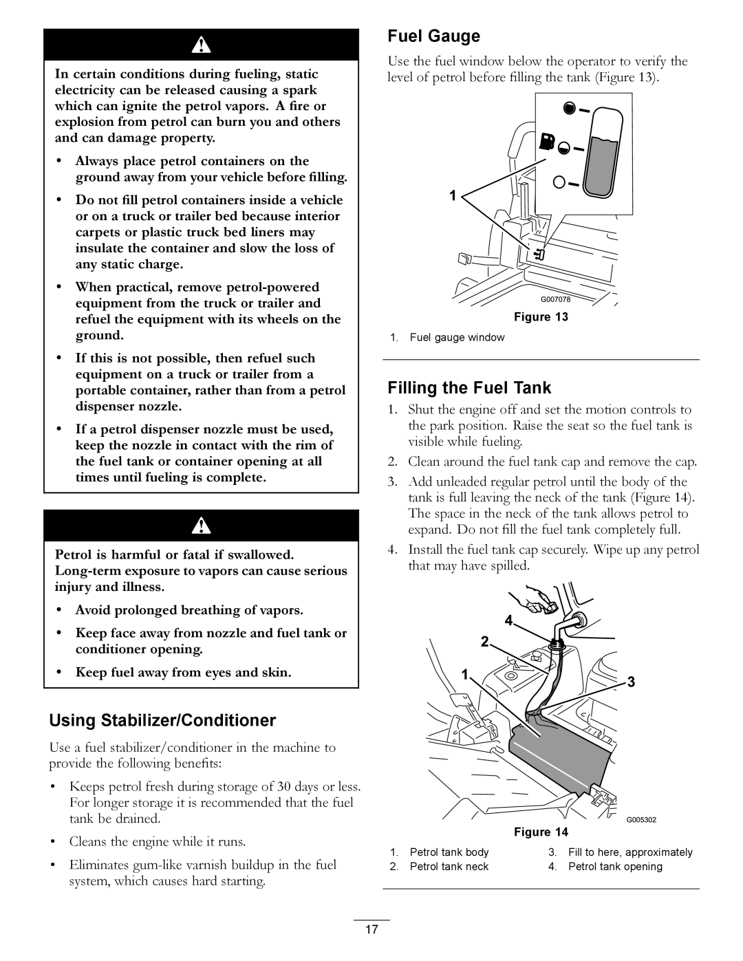 Hayter Mowers RZT420H manual Using Stabilizer/Conditioner, Filling the Fuel Tank 