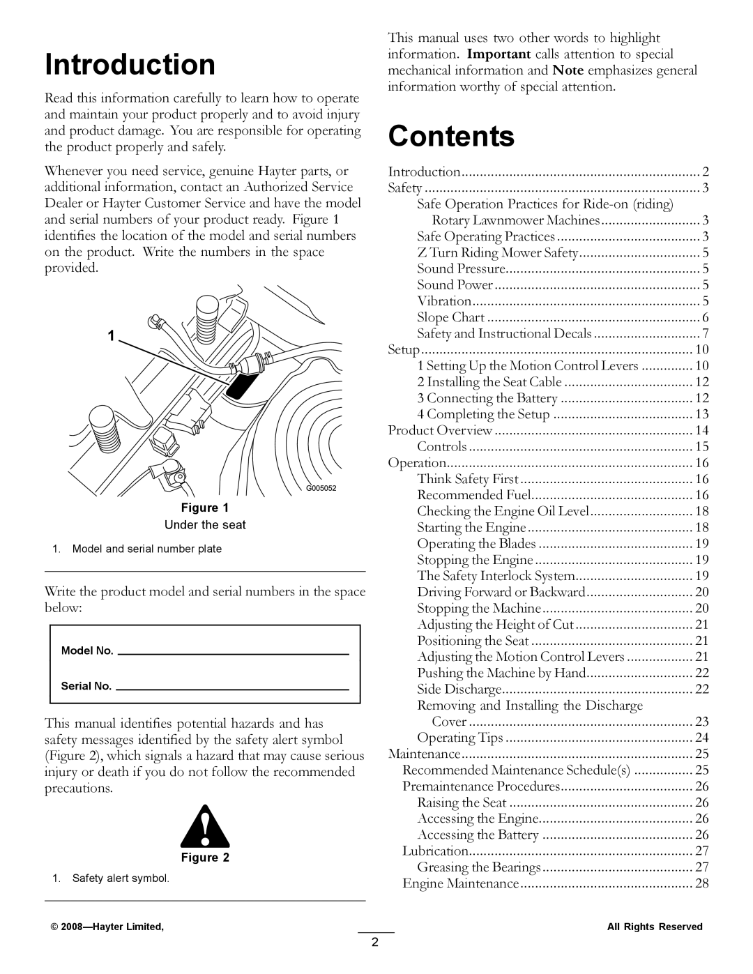 Hayter Mowers RZT420H manual Introduction, Contents 