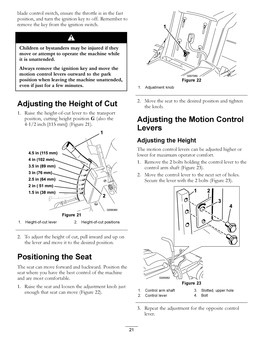 Hayter Mowers RZT420H manual Adjusting the Height of Cut, Adjusting the Motion Control Levers, Positioning the Seat 