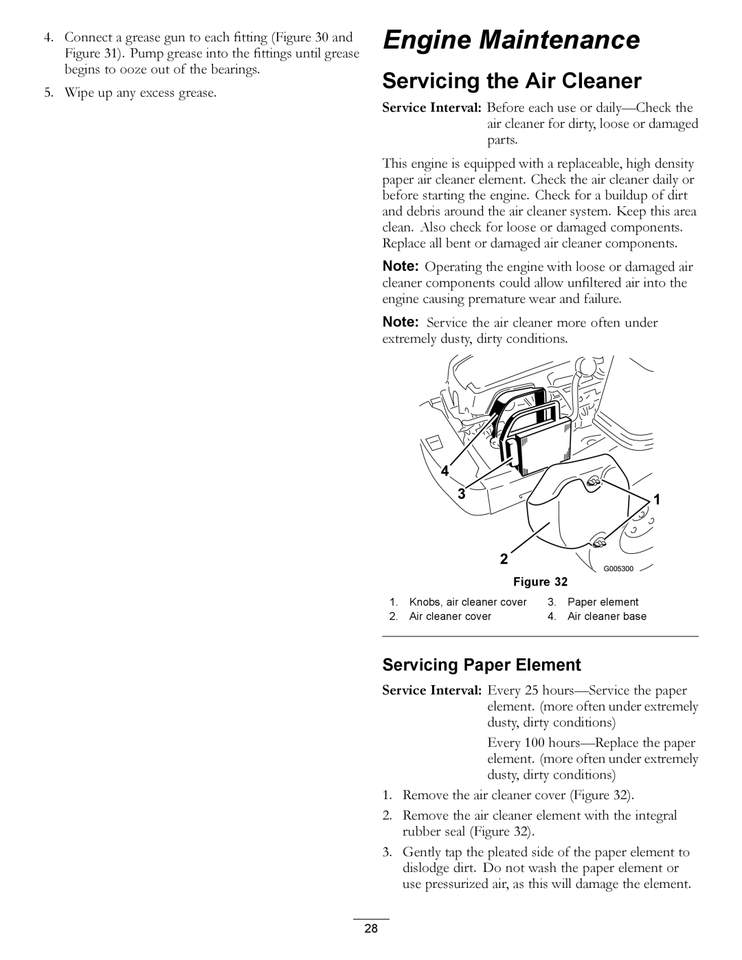 Hayter Mowers RZT420H manual Engine Maintenance, Servicing the Air Cleaner, Servicing Paper Element 