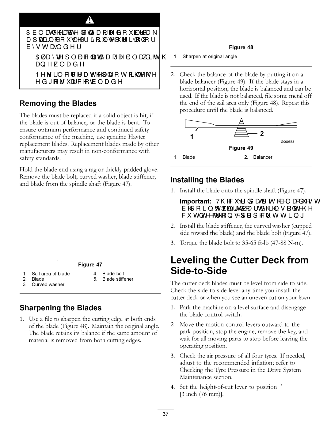 Hayter Mowers RZT420H manual Leveling the Cutter Deck from Side-to-Side, Removing the Blades, Sharpening the Blades 