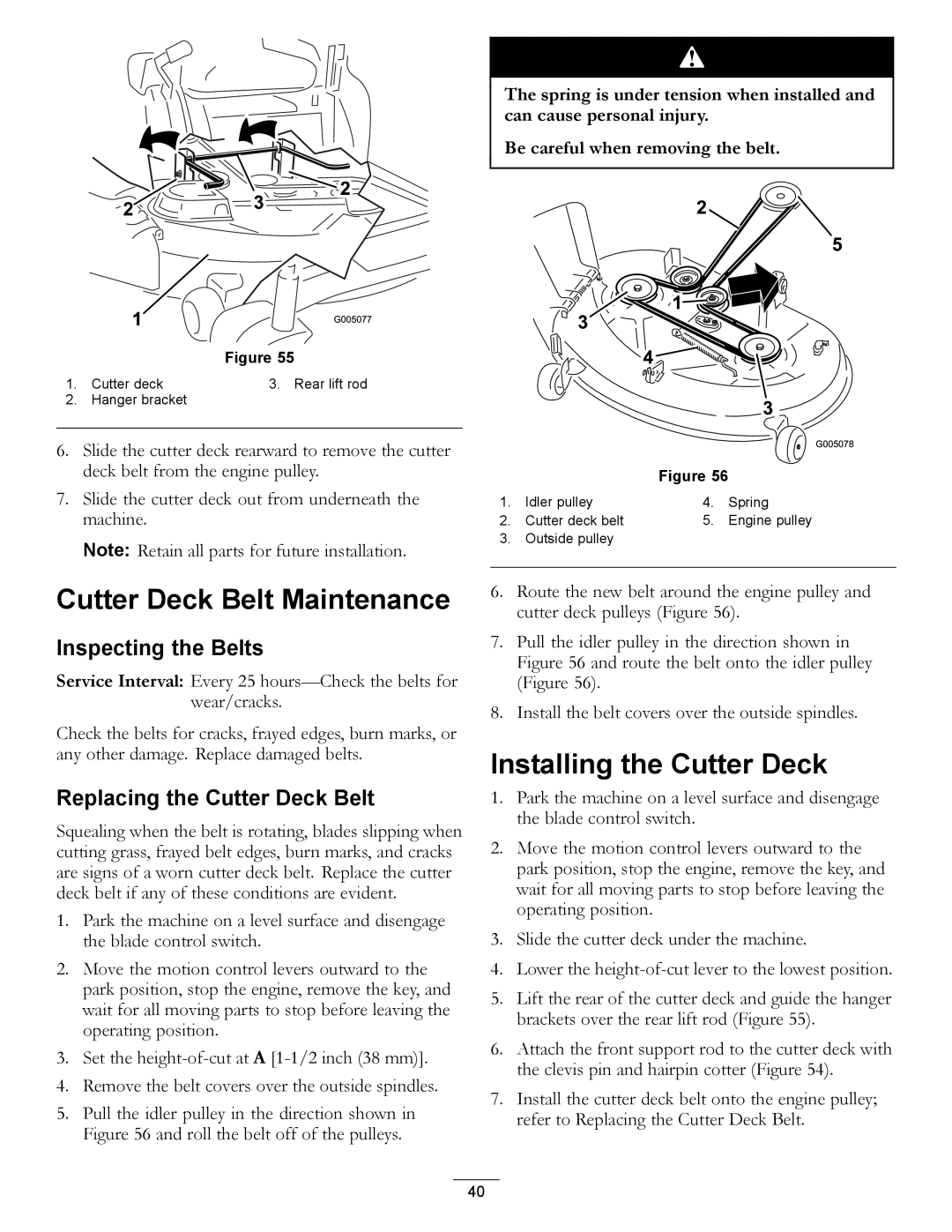 Hayter Mowers RZT420H manual Cutter Deck Belt Maintenance, Installing the Cutter Deck, Inspecting the Belts 