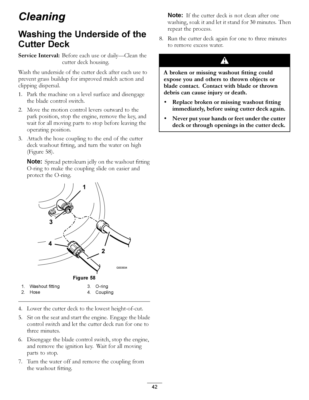 Hayter Mowers RZT420H manual Cleaning, Washing the Underside of the Cutter Deck 