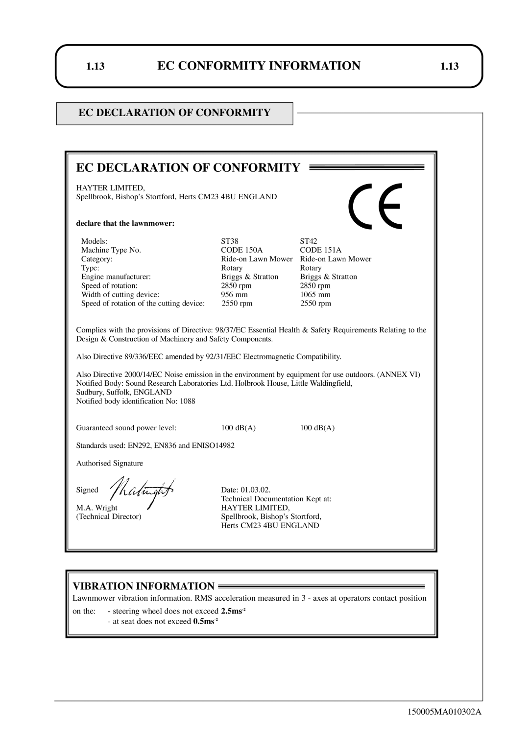 Hayter Mowers SST38/ST42 specifications EC Conformity Information, EC Declaration of Conformity, Vibration Information 