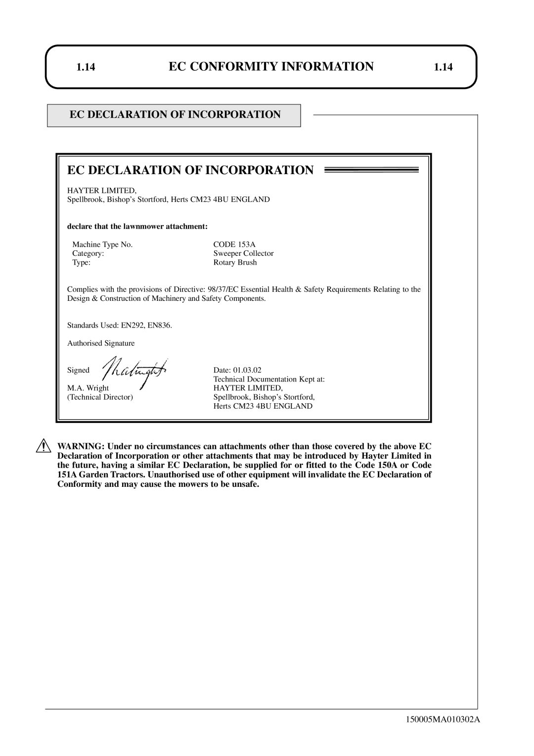 Hayter Mowers SST38/ST42 specifications EC Declaration of Incorporation 