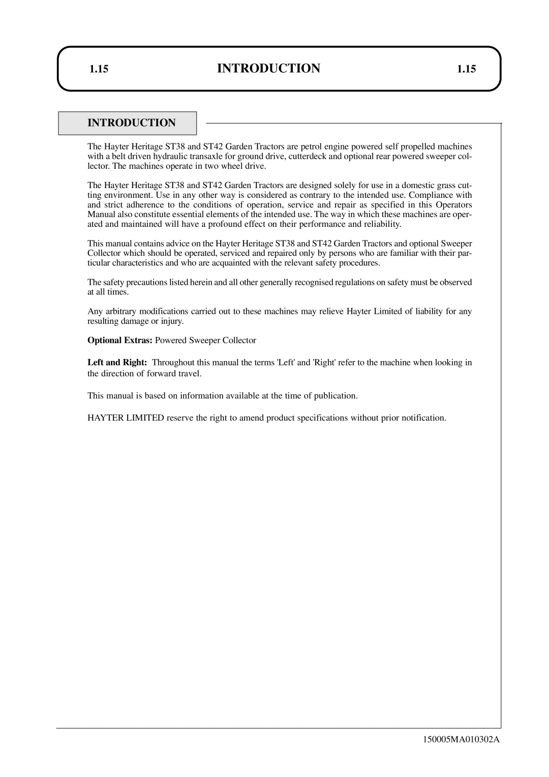 Hayter Mowers SST38/ST42 specifications Introduction 