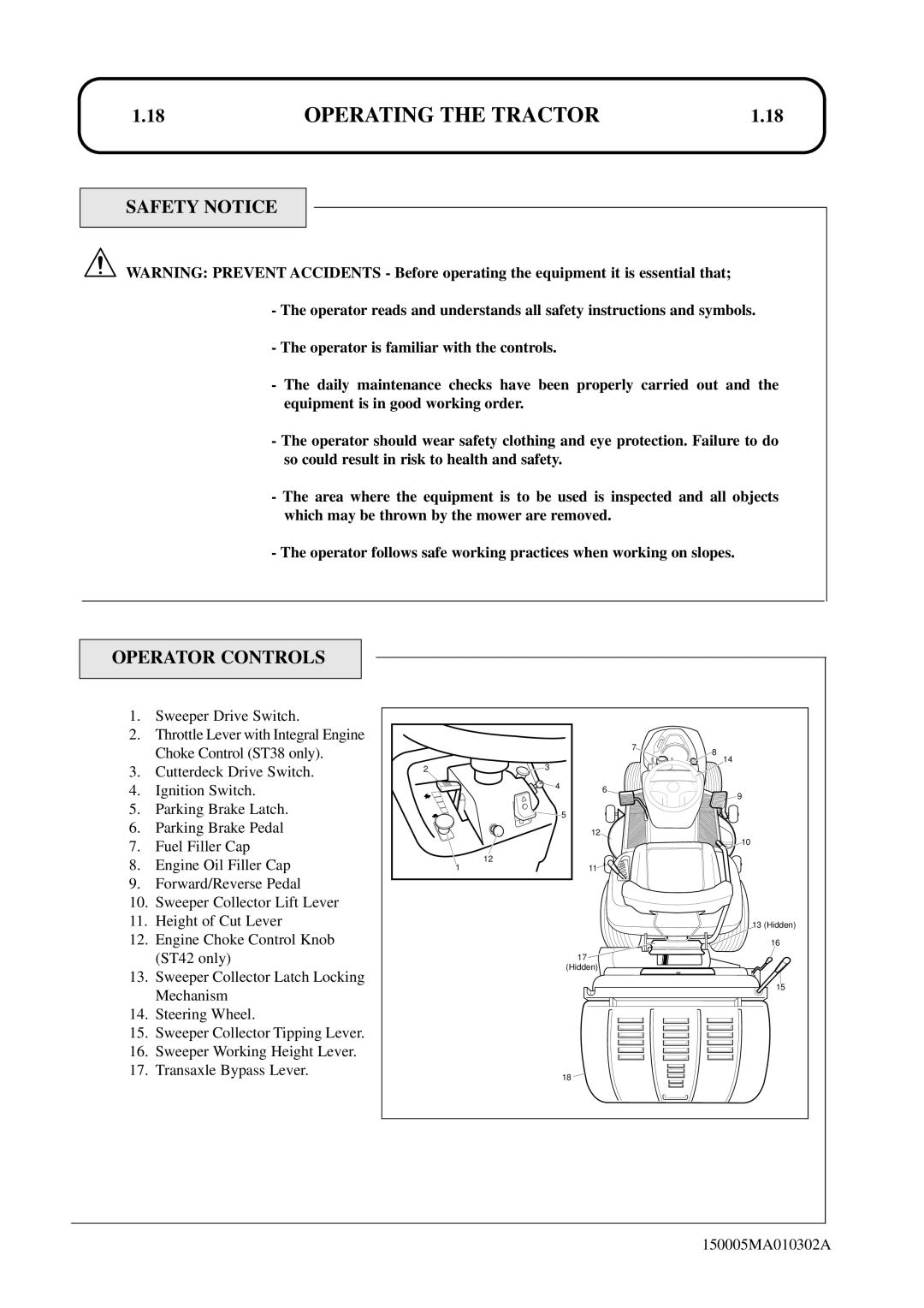 Hayter Mowers SST38/ST42 specifications Operating the Tractor, Safety Notice, Operator Controls 