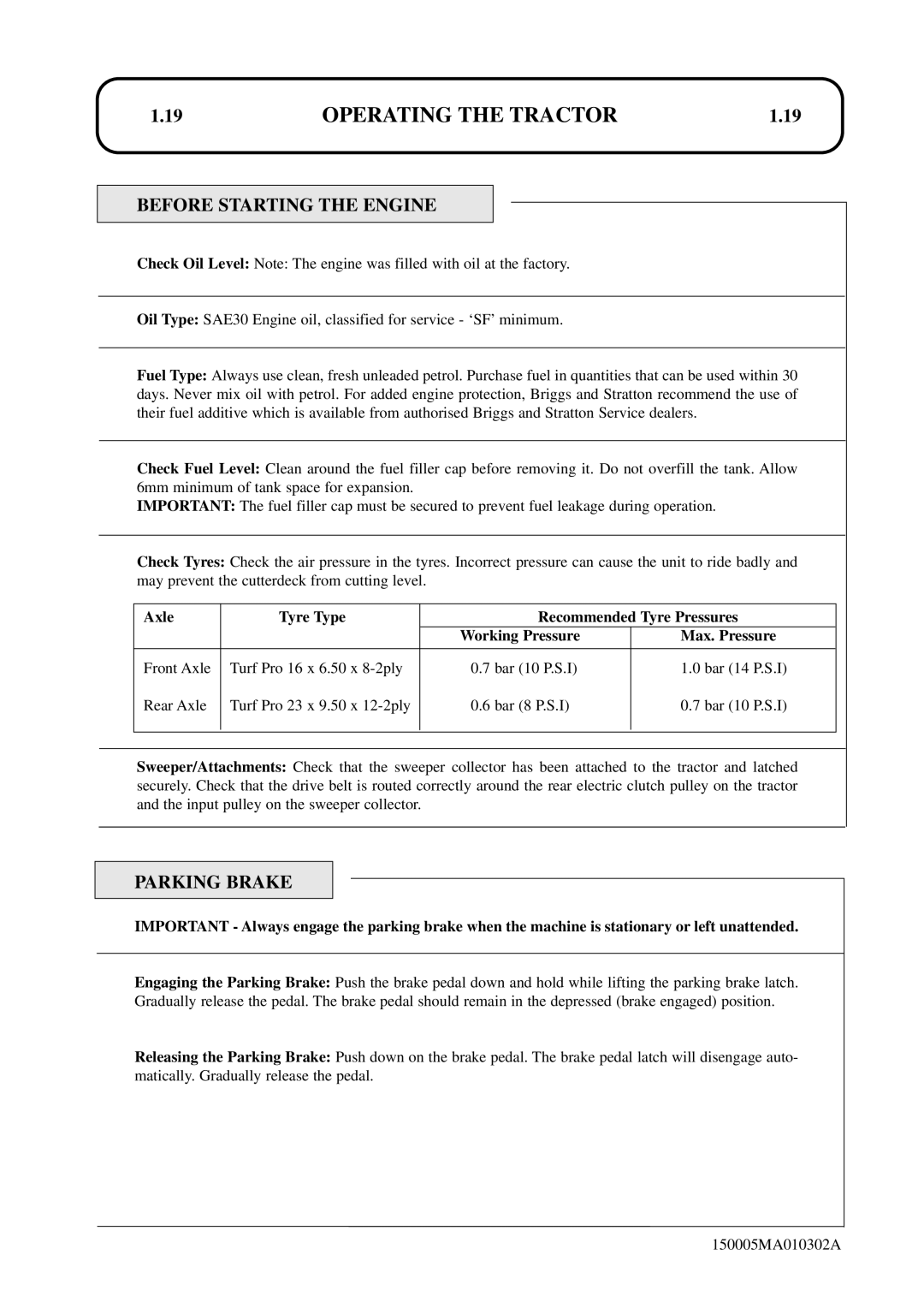 Hayter Mowers SST38/ST42 specifications Before Starting the Engine, Parking Brake 