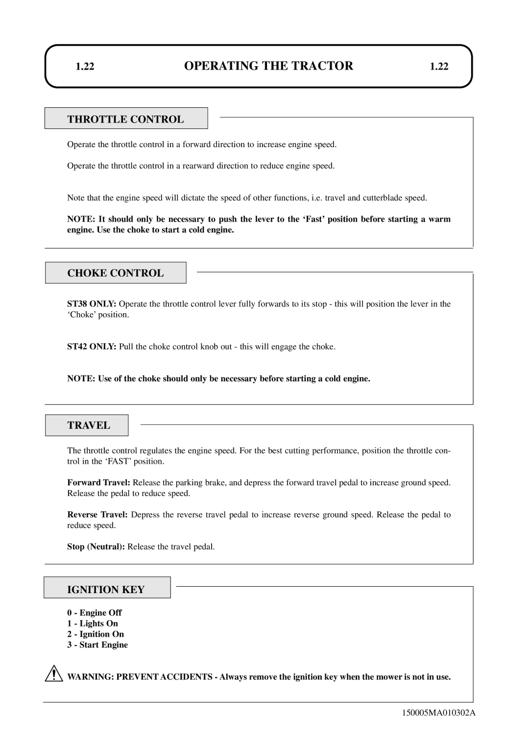 Hayter Mowers SST38/ST42 specifications Throttle Control, Choke Control, Travel, Ignition KEY 
