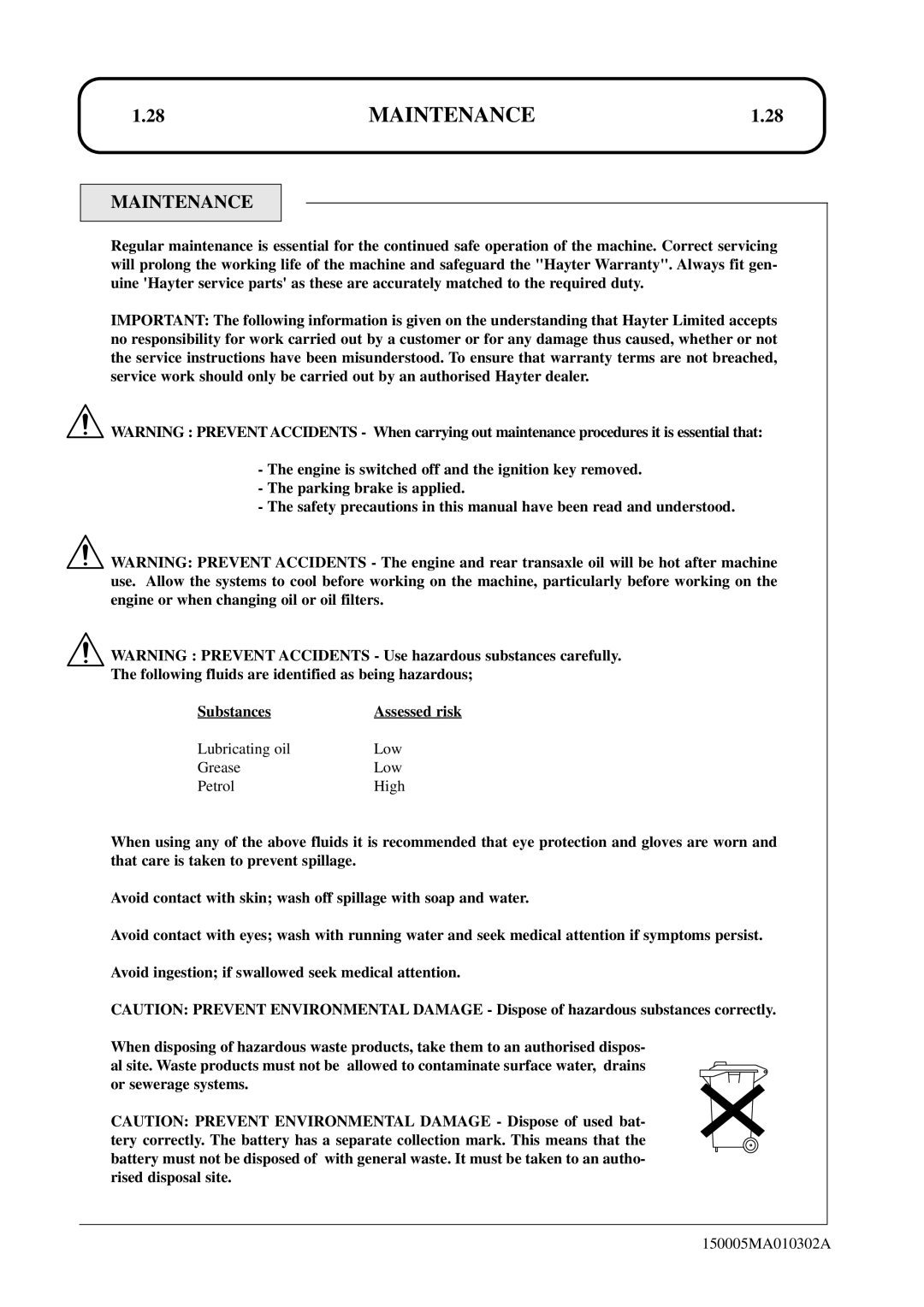 Hayter Mowers SST38/ST42 specifications Maintenance 