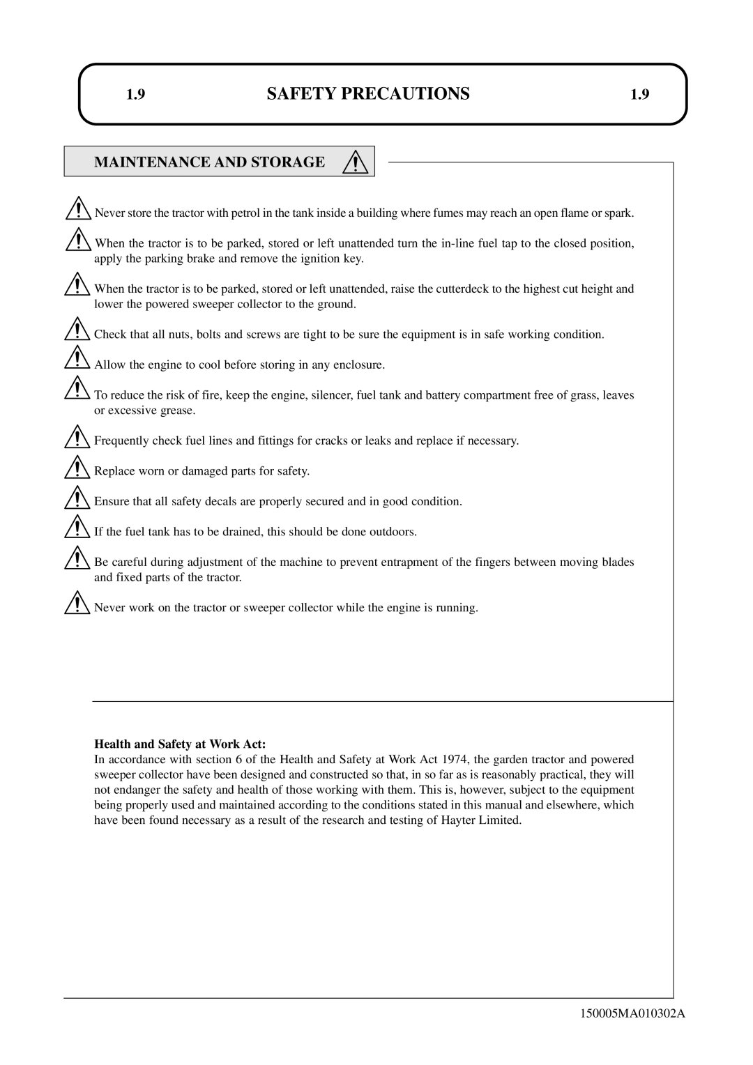 Hayter Mowers SST38/ST42 specifications Maintenance and Storage, Health and Safety at Work Act 