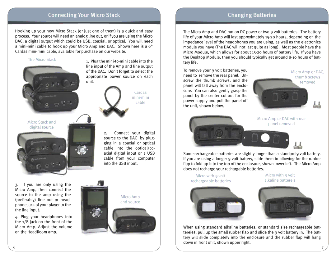 HeadRoom Headphone Amplifier & Digital-Analog Converter owner manual Connecting Your Micro Stack, Changing Batteries 