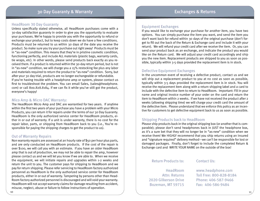 HeadRoom Headphone Amplifier & Digital-Analog Converter Day Guaranty & Warranty, Exchanges & Returns, Equipment Exchanges 