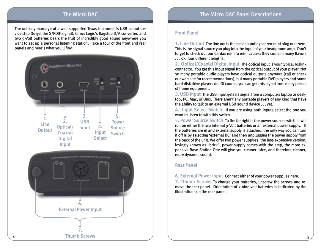 HeadRoom Headphone Amplifier & Digital-Analog Converter The Micro DAC Panel Descriptions, Optical, Input, Output 
