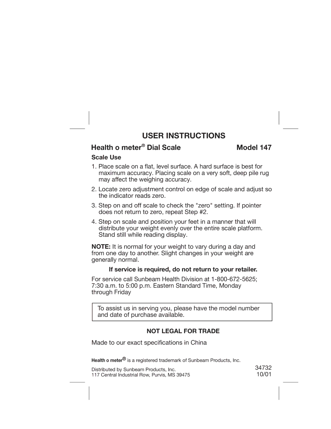 Health O Meter 147 specifications User Instructions, Health o meter Dial Scale Model, Scale Use, Not Legal for Trade 