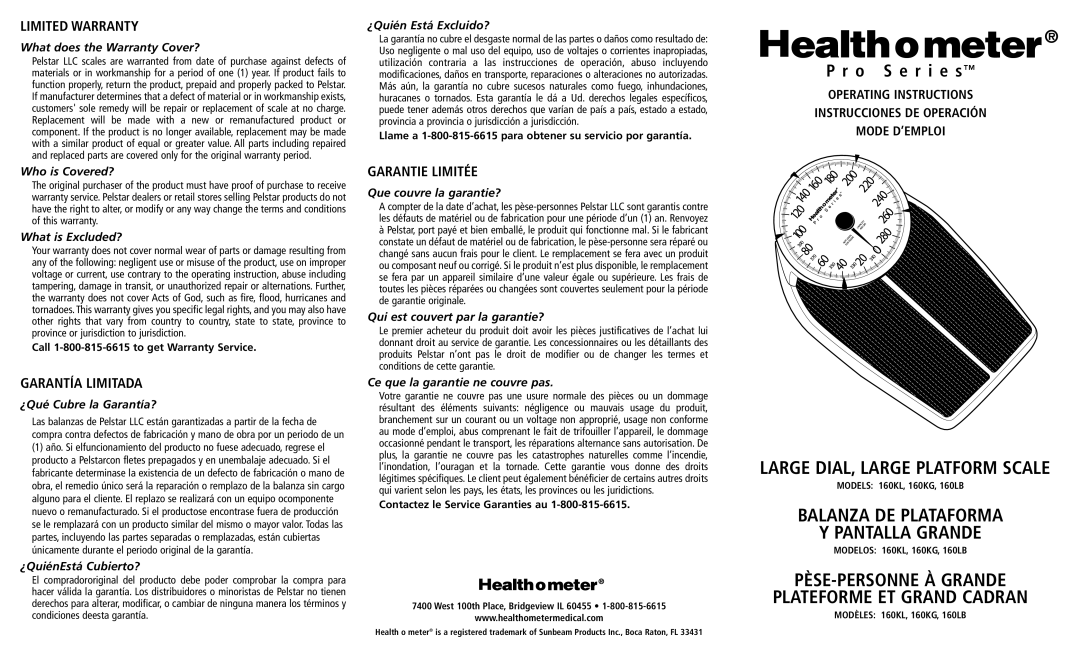 Health O Meter 160KL, 160KG, 160LB operating instructions Limited Warranty, Garantía Limitada, Garantie Limitée 