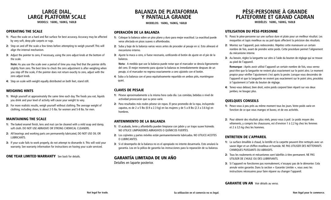 Health O Meter 160LB, 160KG, 160KL operating instructions Garantía Limitada DE UN AÑO 