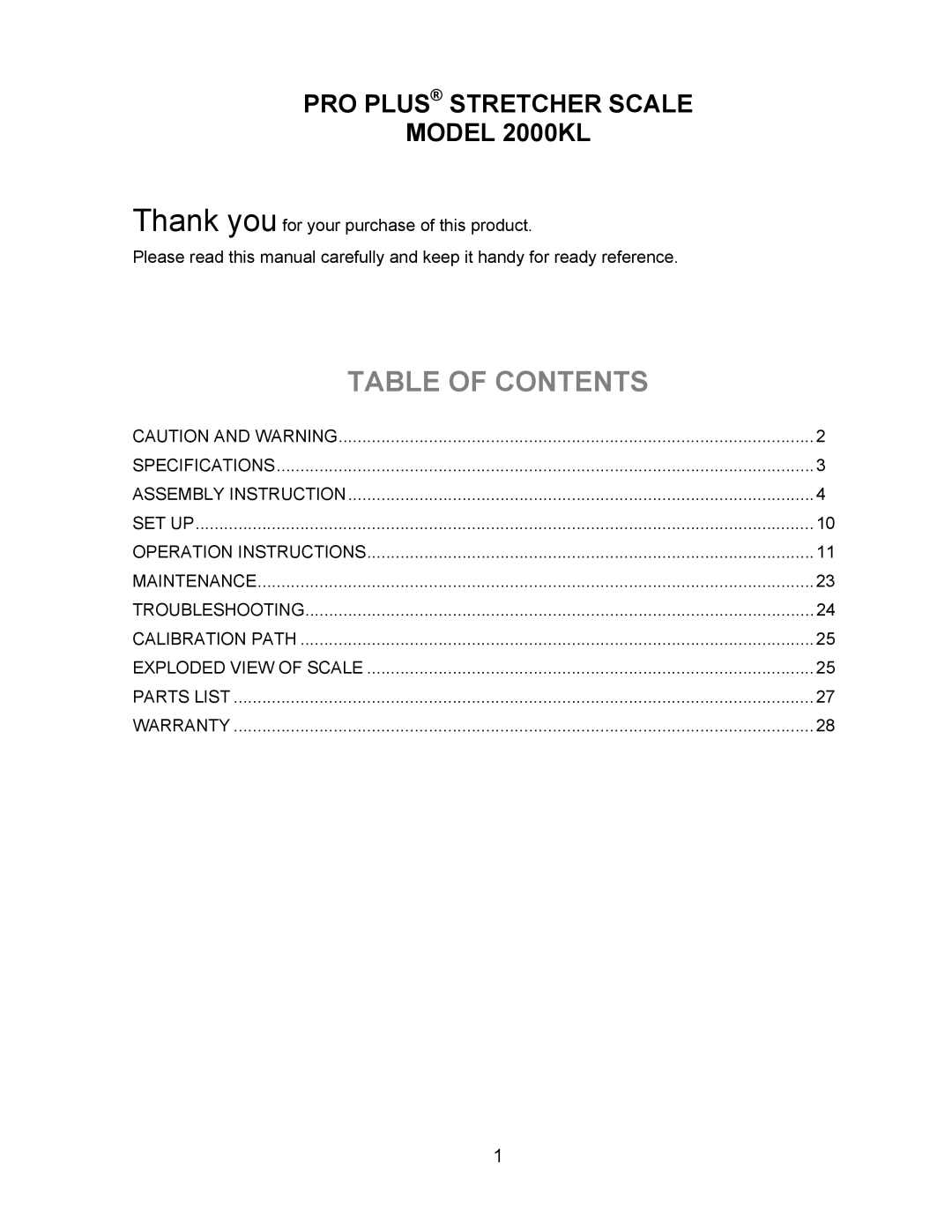 Health O Meter 2000KL operation manual Table of Contents 