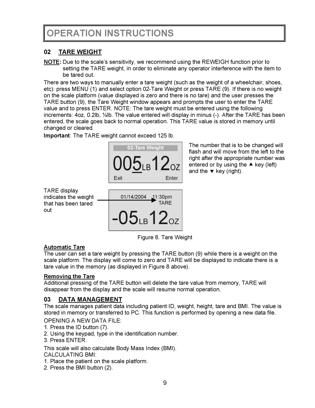 Health O Meter 2450KL operation manual Tare Weight, Data Management, Automatic Tare, Removing the Tare 