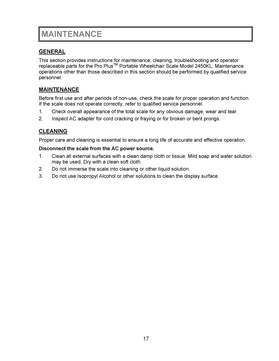 Health O Meter 2450KL operation manual Maintenance, Cleaning, Disconnect the scale from the AC power source 