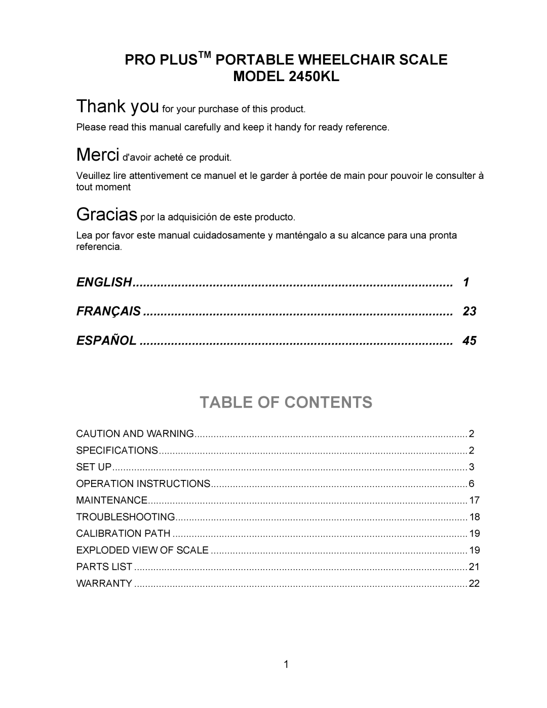 Health O Meter 2450KL operation manual Table of Contents 