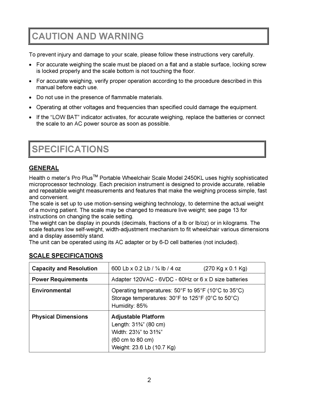 Health O Meter 2450KL operation manual General, Scale Specifications 