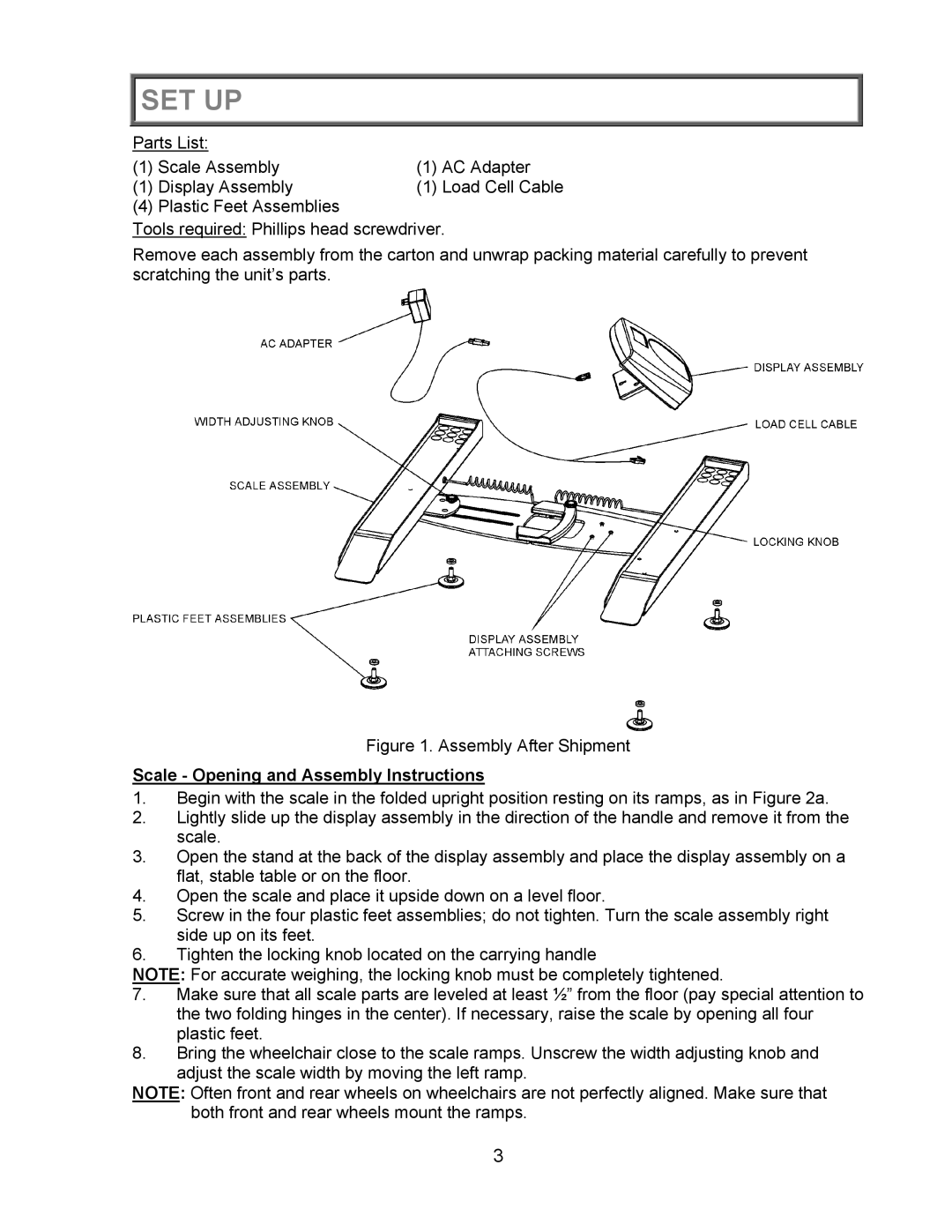 Health O Meter 2450KL operation manual Set Up, Scale Opening and Assembly Instructions 